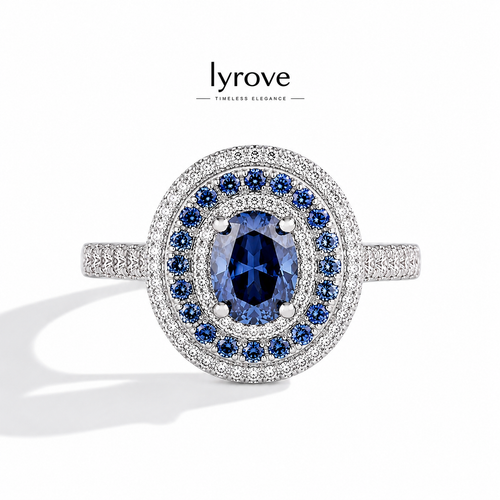 Lyrove™ Oval Blue Moissanite Halo Ring
